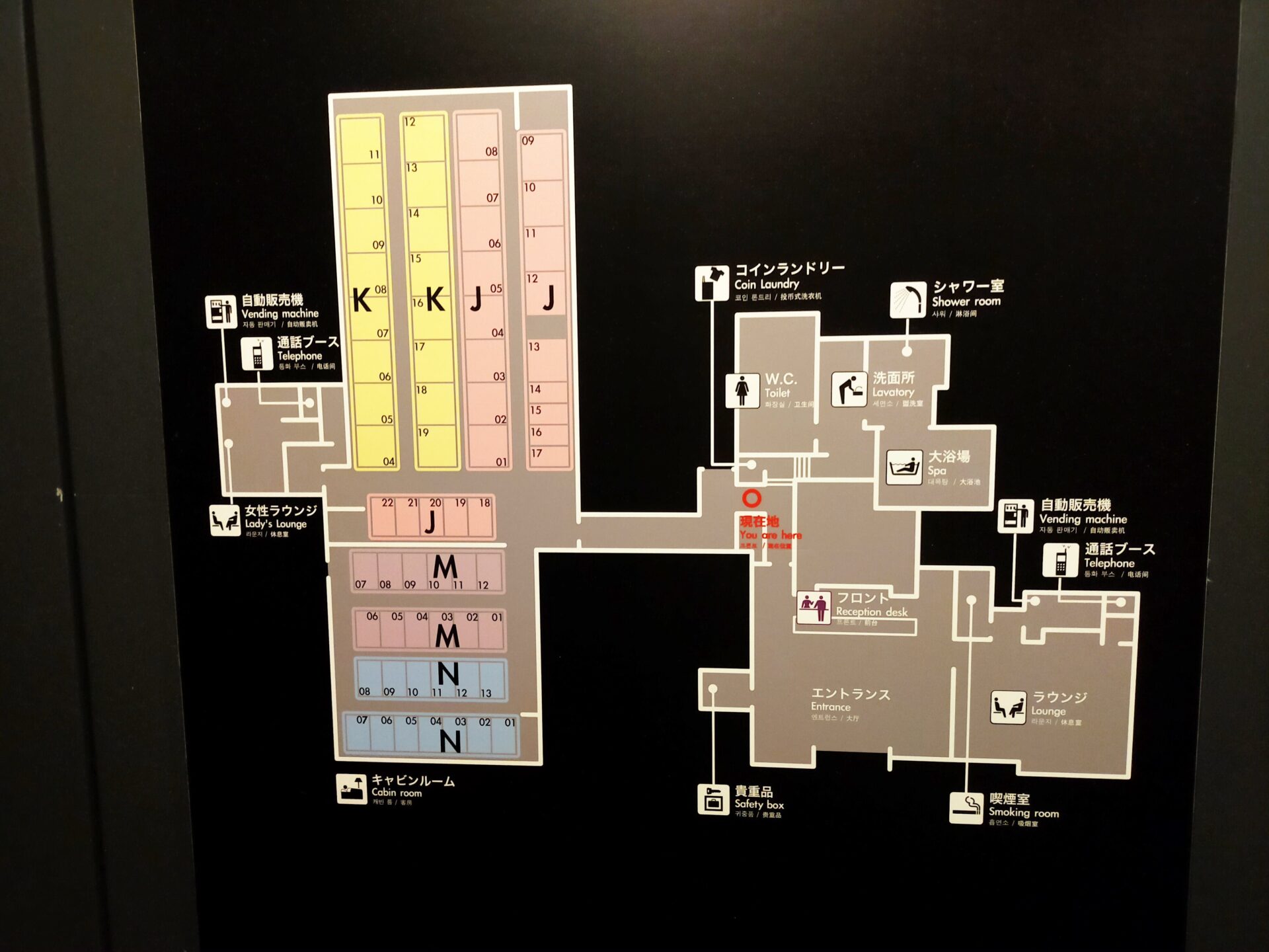 ファーストキャビン羽田の館内図-専用スペースに大浴場やトイレ