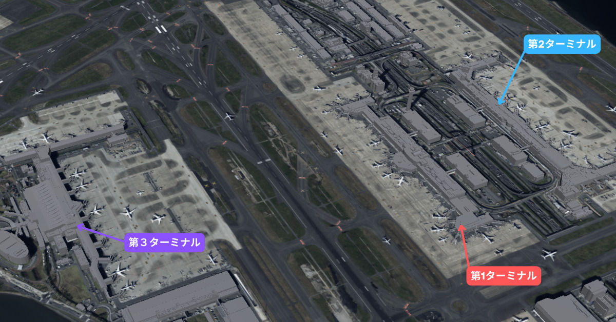 羽田第３ターミナルとその他のターミナル位置関係
